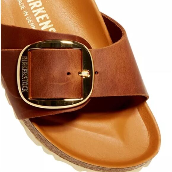 Birkenstock Brown Slide Sandals with Gold Buckle SIZE 39 - Picture 2 of 13